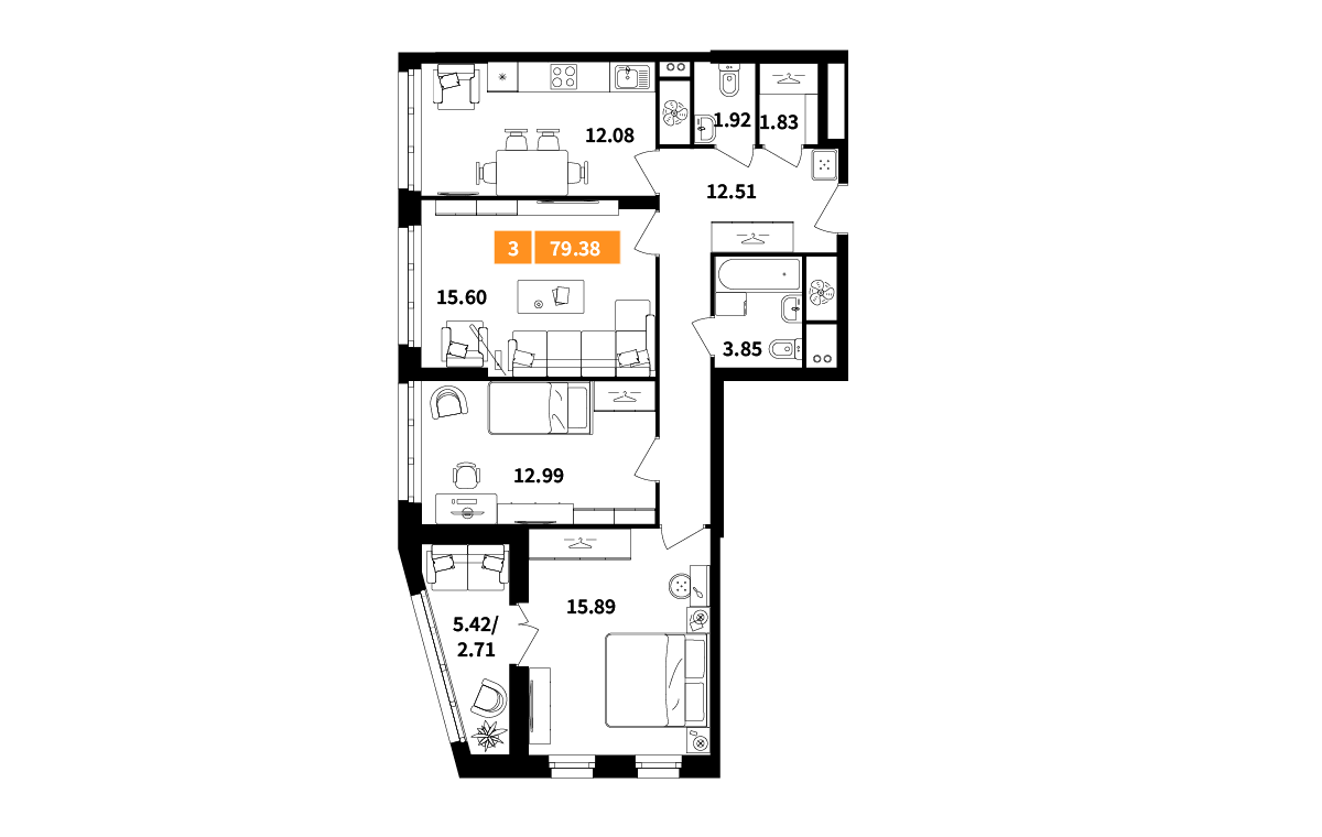 3-комнатная 79 м2 в ЖК Планерный квартал корпус null этаж 4