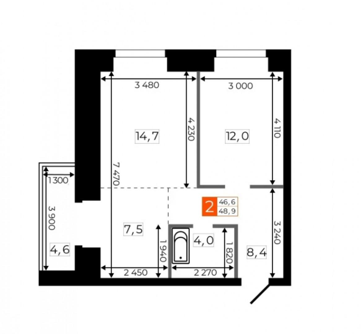 2-комнатная 48.9 м2 в ЖК undefined корпус null этаж 3
