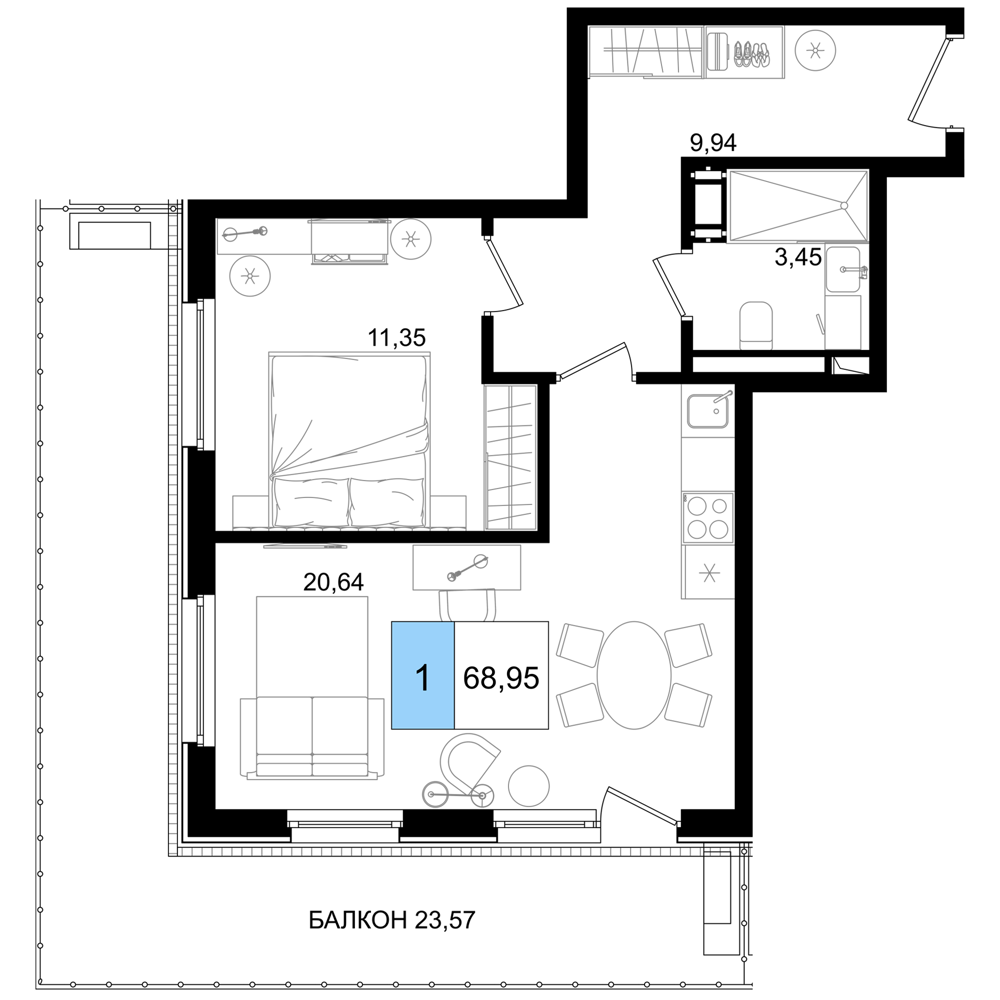 2-комнатная 68 м2 в ЖК Корсаков корпус null этаж 2