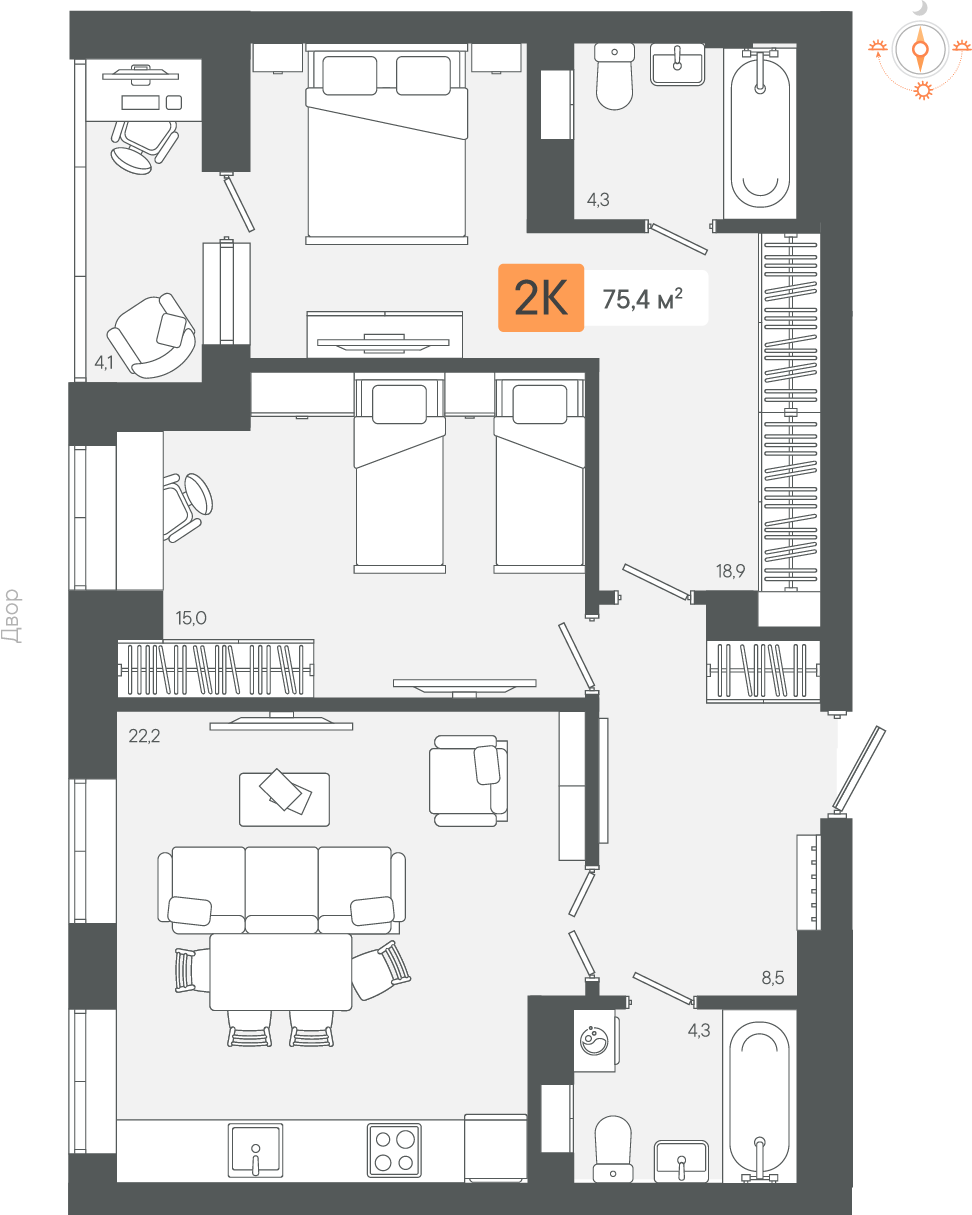 2-комнатная 75 м2 в ЖК Zori корпус null этаж 6