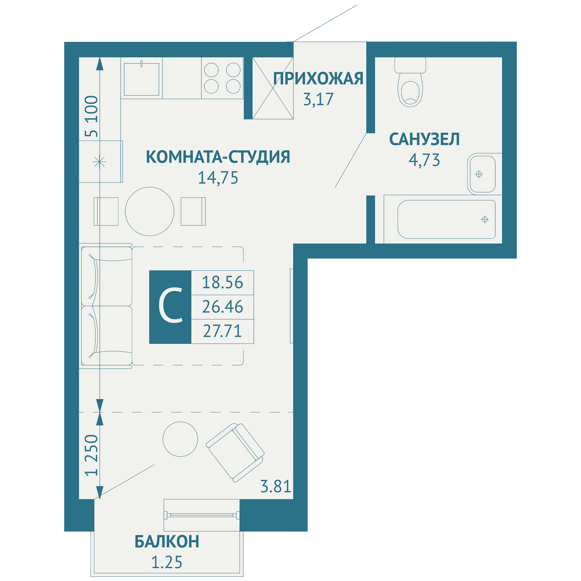 Студия 27 м2 в ЖК ИНАЧЕ в Молодежном корпус null этаж 2