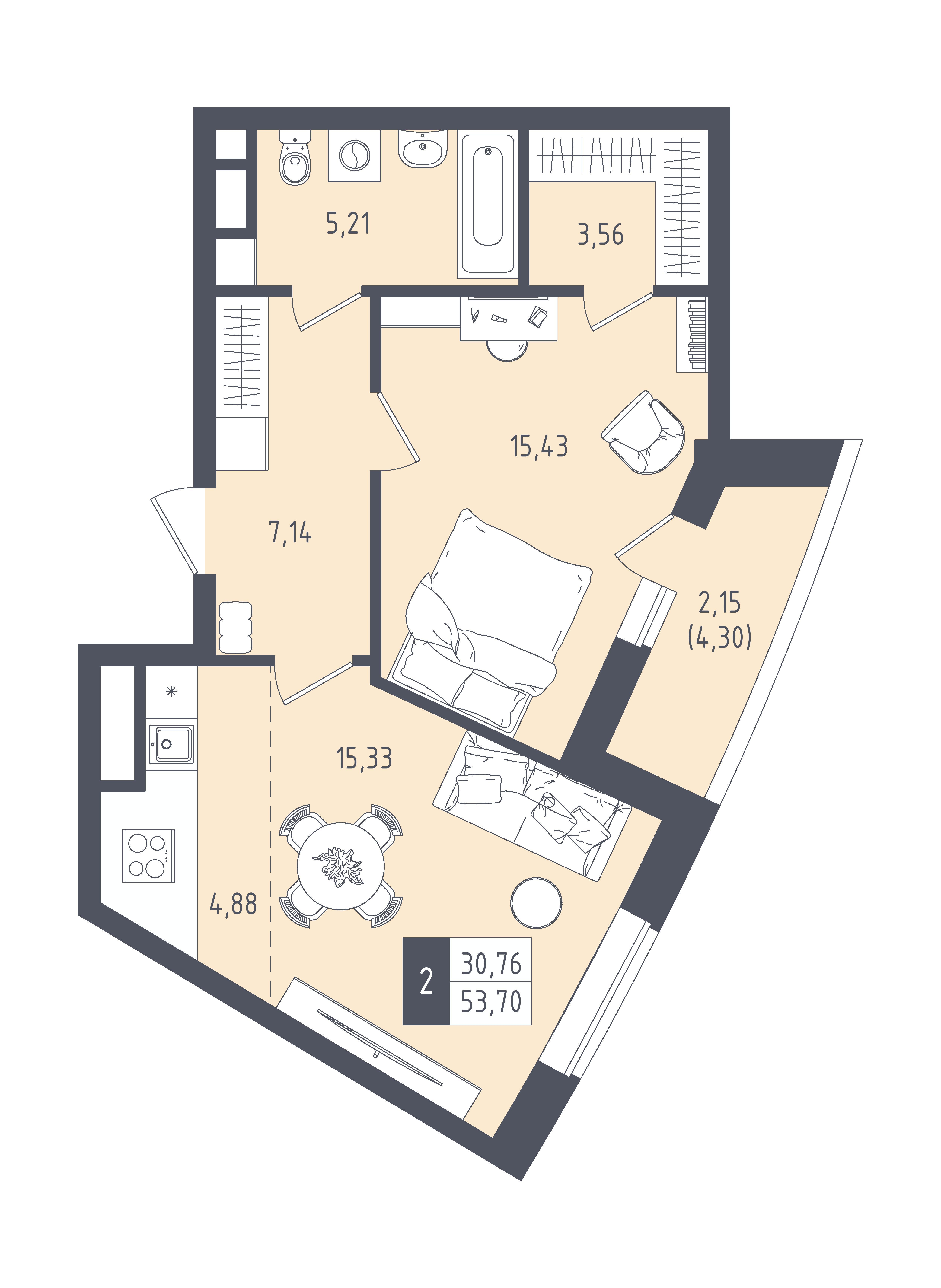 2-комнатная 53 м2 в ЖК Малевич корпус null этаж 15