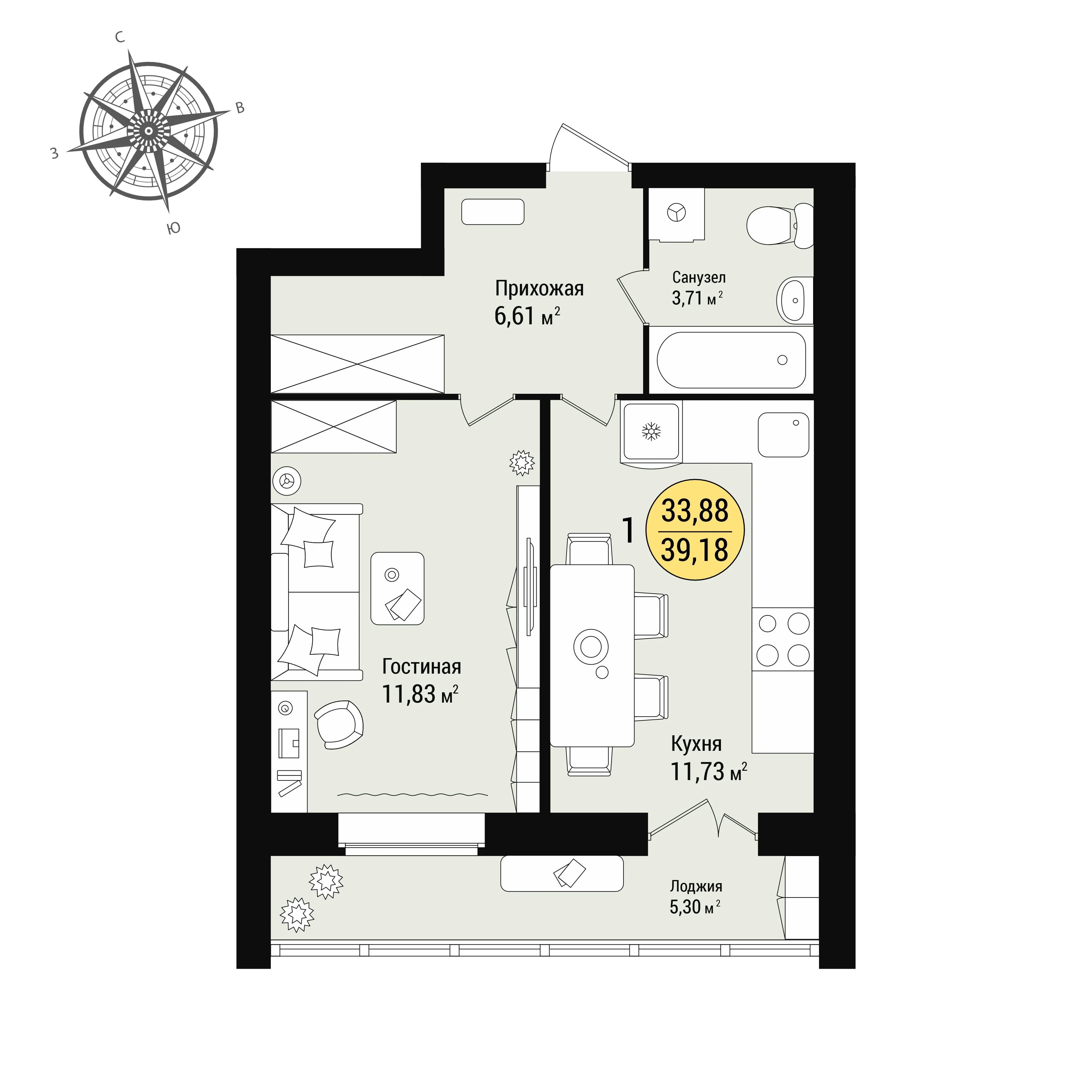 1-комнатная 39 м2 в ЖК Новое Поколение корпус null этаж 9