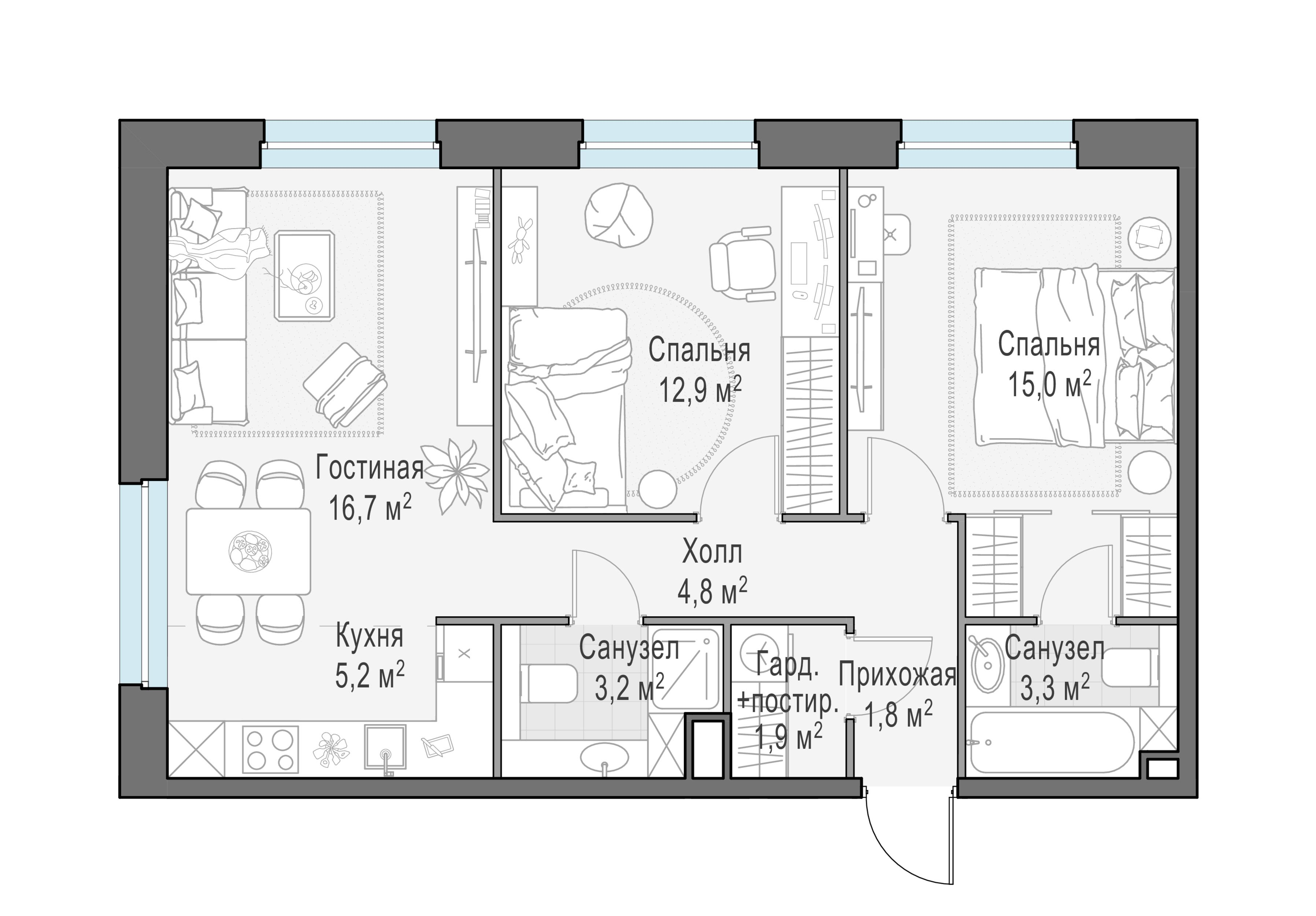 3-комнатная 64 м2 в ЖК Жилые кварталы «Белый Град» корпус null этаж 7