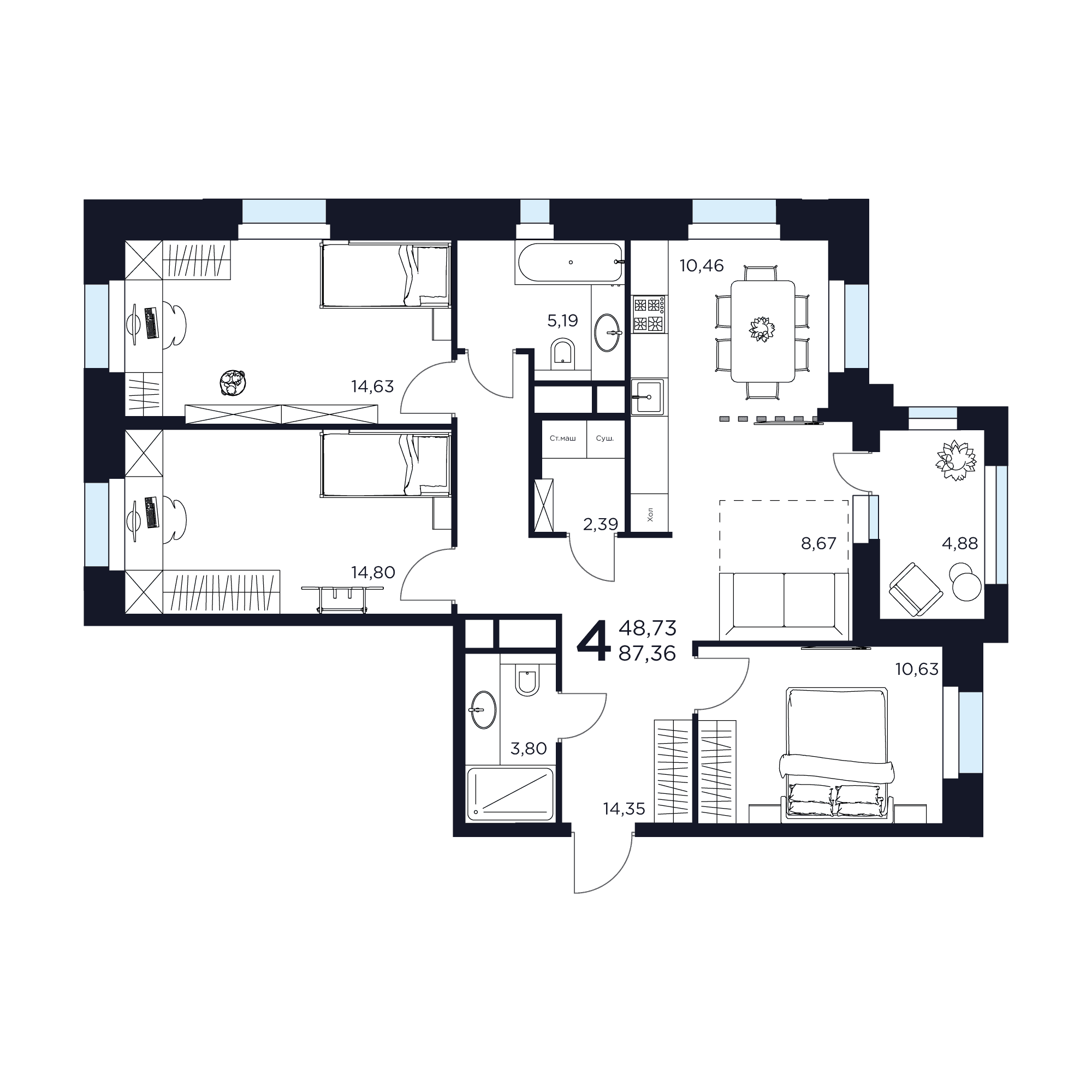 4-комнатная 87 м2 в ЖК ВОСТОК II корпус null этаж 6