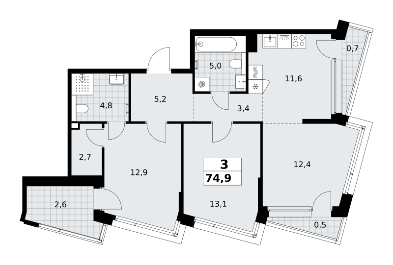 3-комнатная 74 м2 в ЖК Хольм корпус null этаж 2