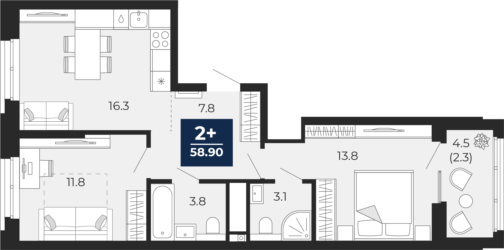2-комнатная 56 м2 в ЖК Мириады корпус null этаж 8