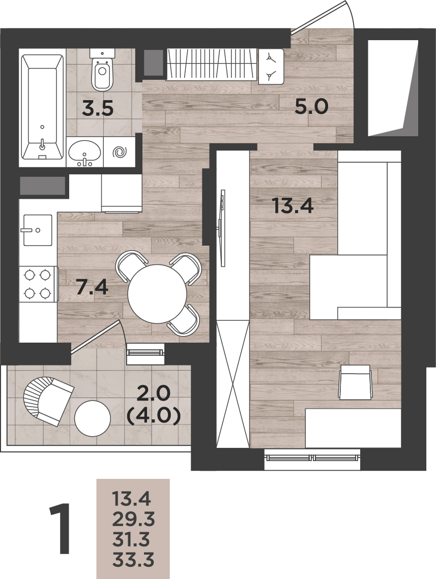 1-комнатная 31 м2 в ЖК Альпенштадт корпус null этаж 14