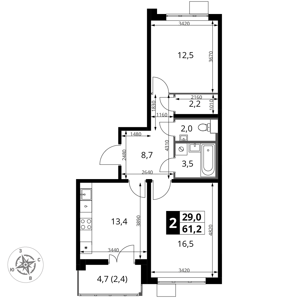 2-комнатная 61 м2 в ЖК 1-й Южный корпус null этаж 14