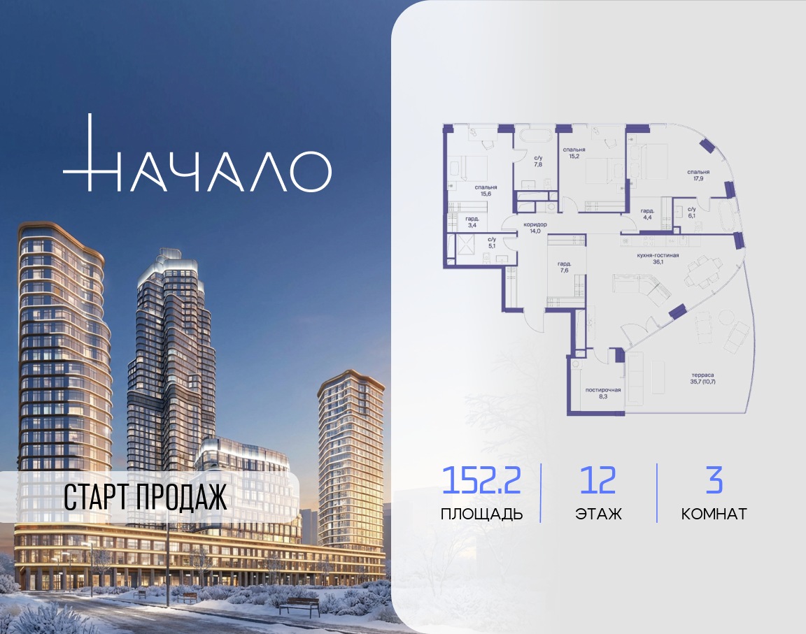 3-комнатная 152 м2 в ЖК Начало корпус null этаж 12