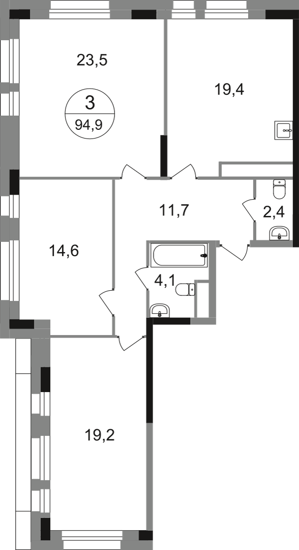 3-комнатная 94 м2 в ЖК Первый Московский корпус null этаж 7