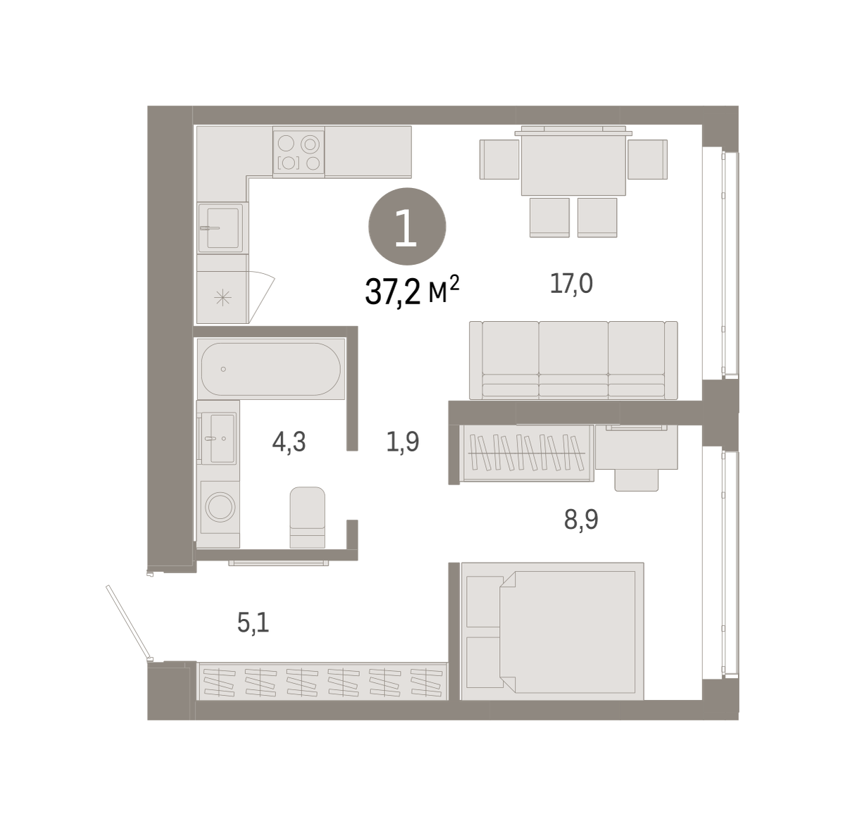 1-комнатная 37 м2 в ЖК Республики 205 корпус null этаж 11