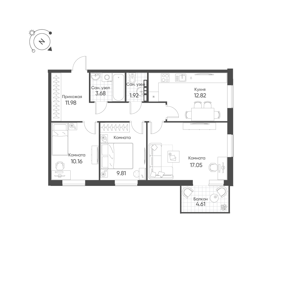 3-комнатная 68 м2 в ЖК Балтым-Парк корпус null этаж 3