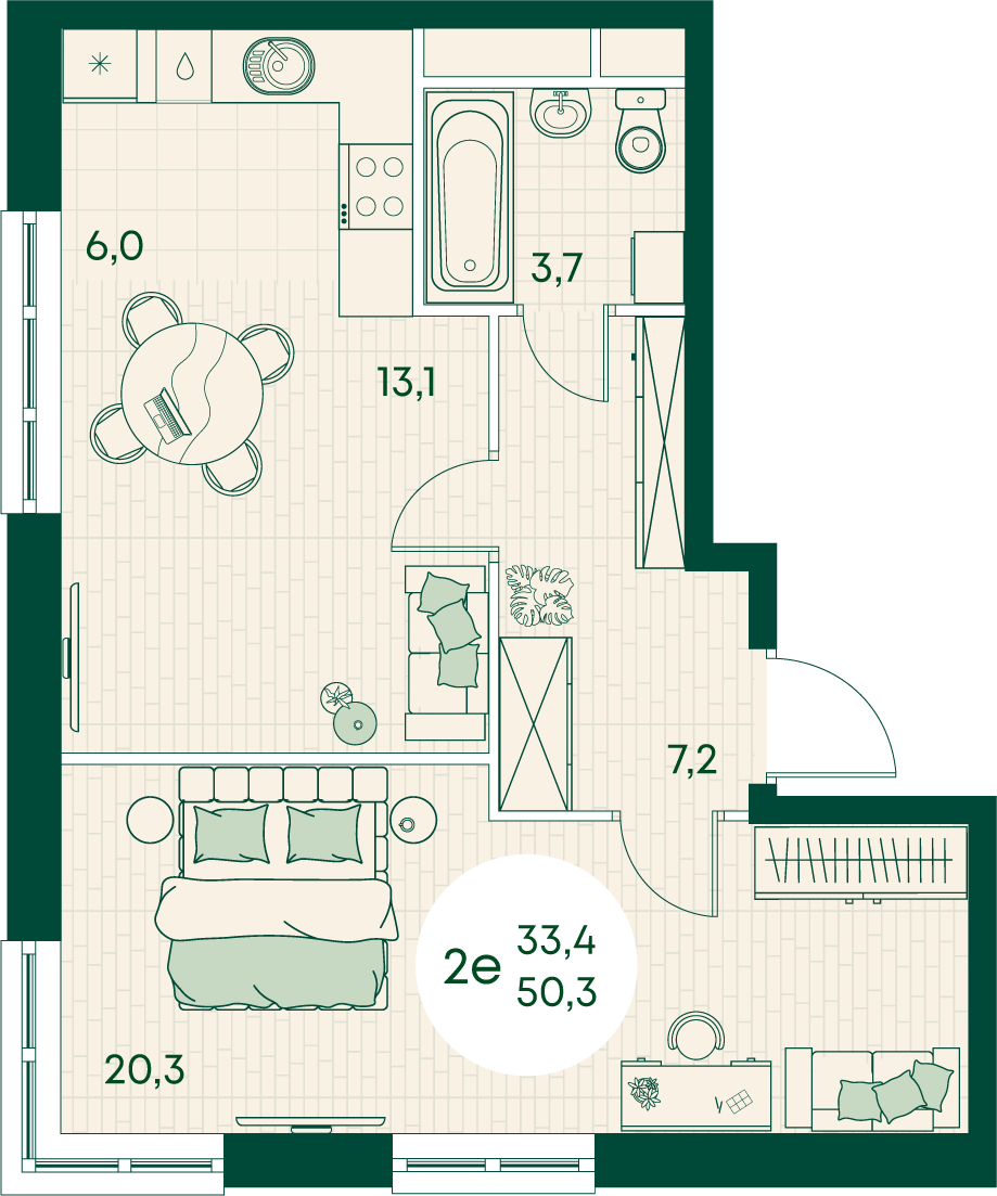 2-комнатная 50 м2 в ЖК Green Apple корпус null этаж 13