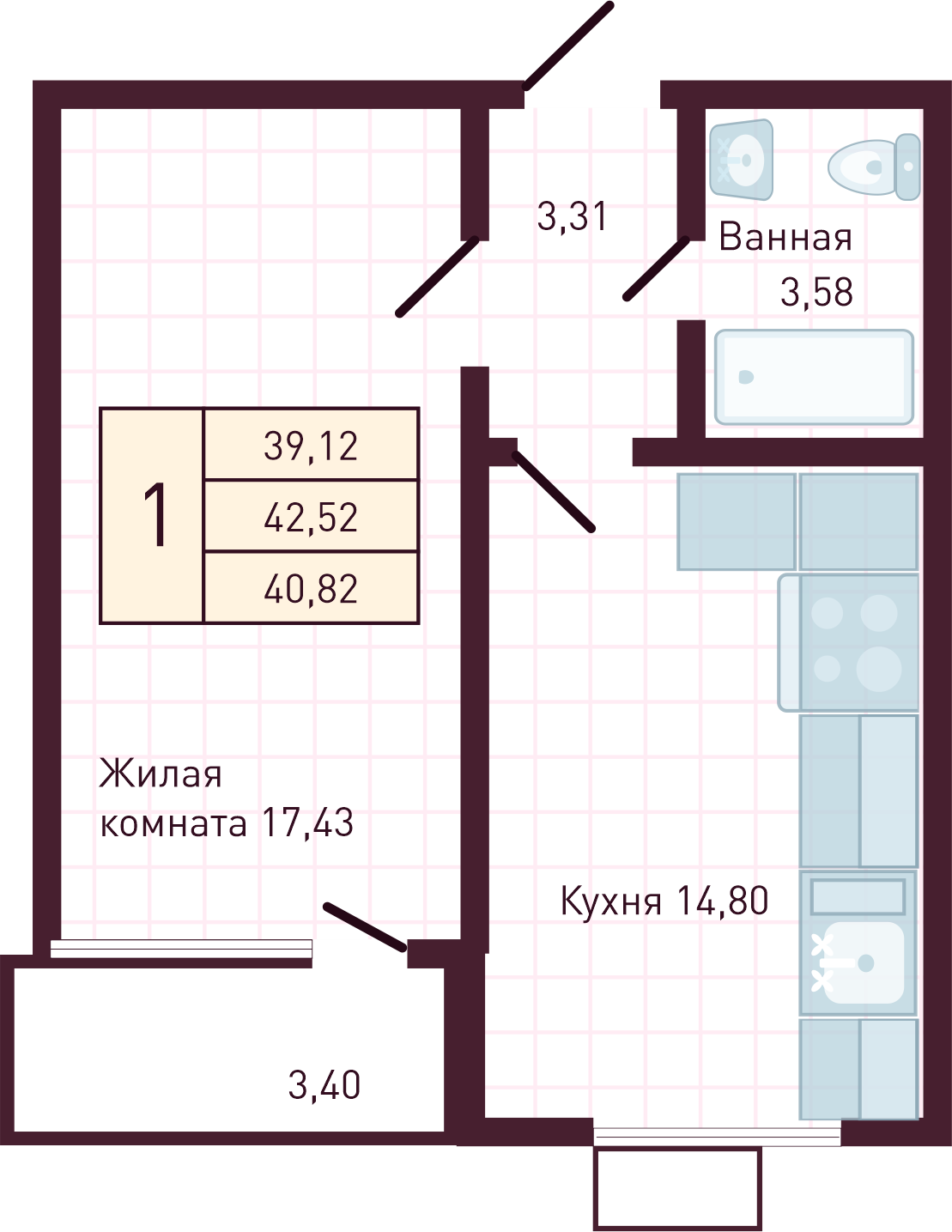 1-комнатная 40 м2 в ЖК Бетховен корпус null этаж 6