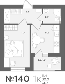 1-комнатная 30 м2 в ЖК МС18 корпус null этаж 6