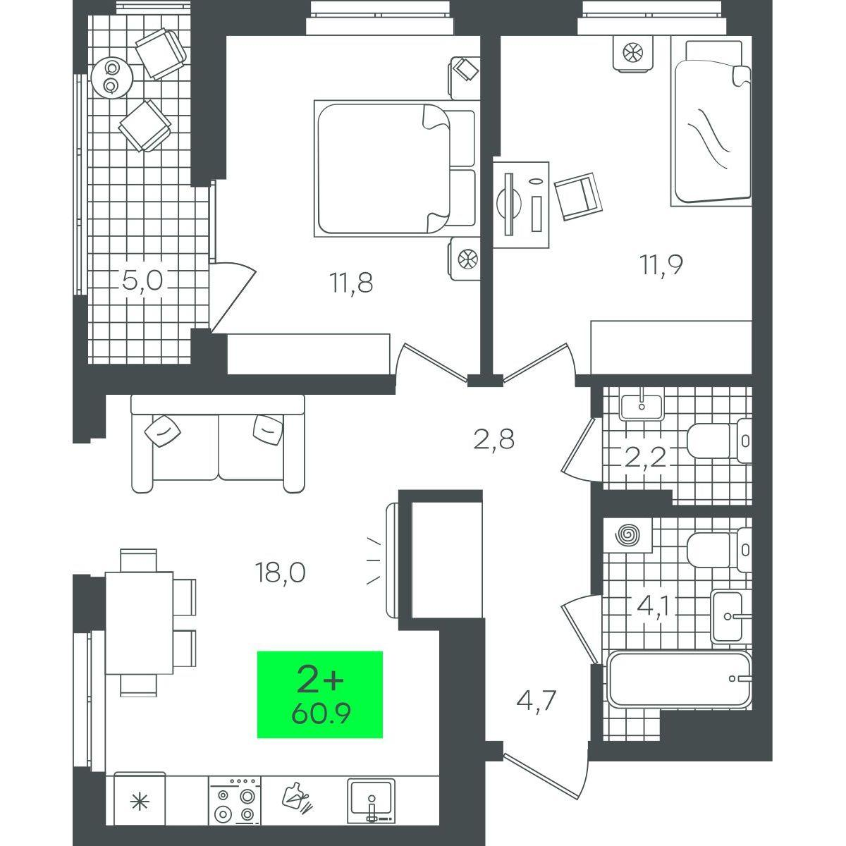 2-комнатная 60 м2 в ЖК Гранд Квартал корпус null этаж 11