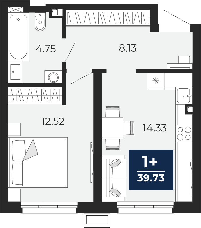 1-комнатная 39 м2 в ЖК Беринг корпус null этаж 1