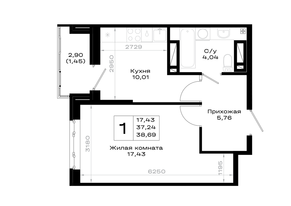 1-комнатная 38 м2 в ЖК Октябрь парк корпус null этаж 13
