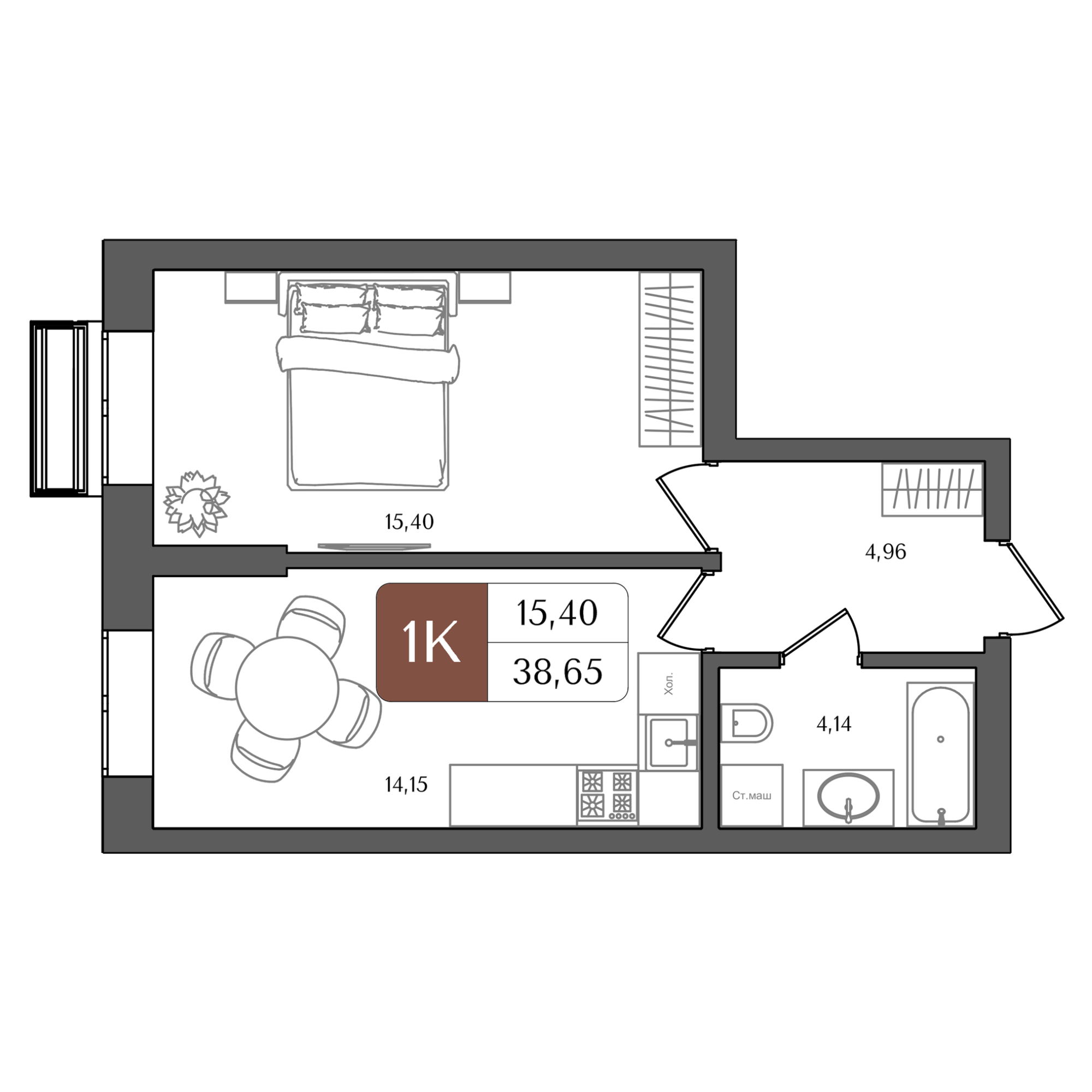 1-комнатная 38 м2 в ЖК Холмогоры корпус null этаж 14