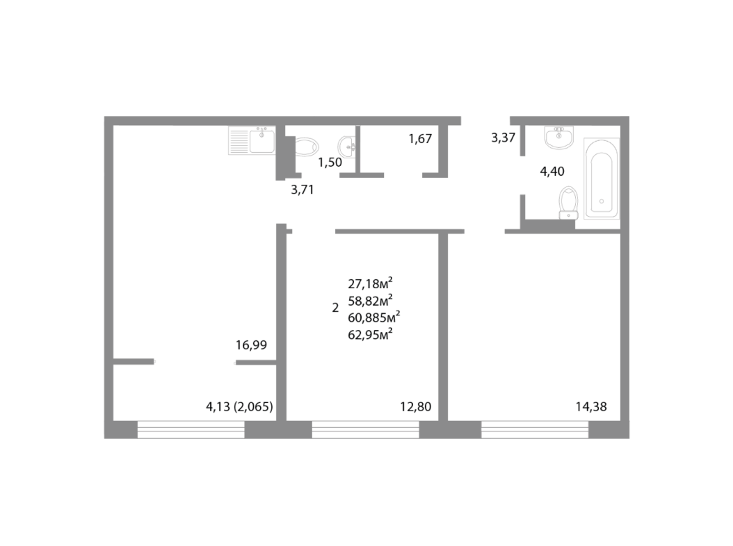 2-комнатная 60.9 м2 в ЖК undefined корпус null этаж 16