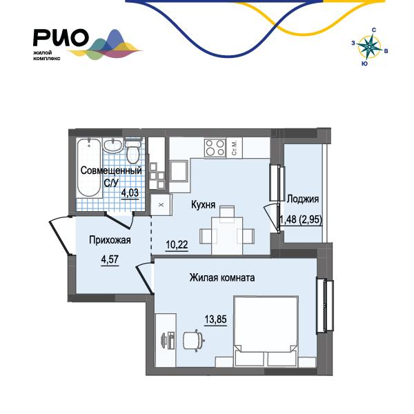 1-комнатная 33 м2 в ЖК Рио корпус null этаж 13