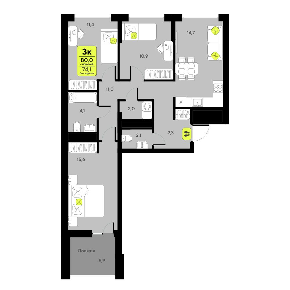3-комнатная 80 м2 в ЖК Мотивы корпус null этаж 7