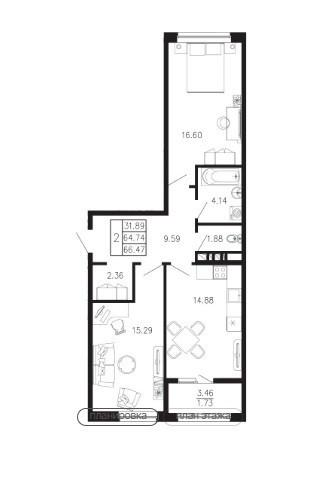 2-комнатная 66.5 м2 в ЖК undefined корпус null этаж 4