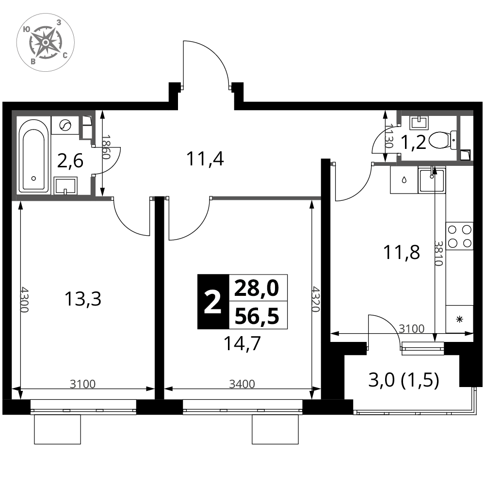 2-комнатная 56 м2 в ЖК 1-й Донской корпус null этаж 3