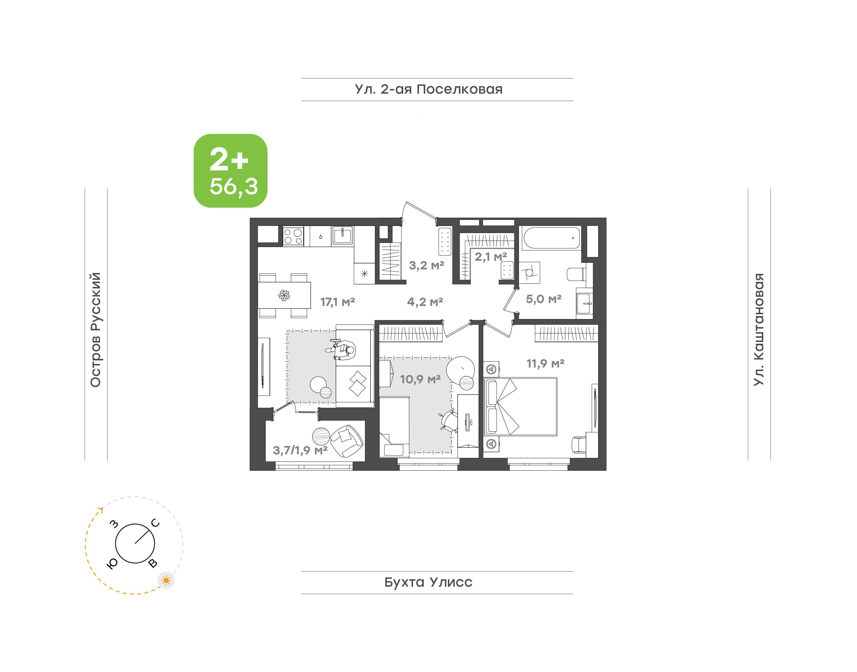 2-комнатная 56 м2 в ЖК Семейный квартал «Гавань» корпус null этаж 13