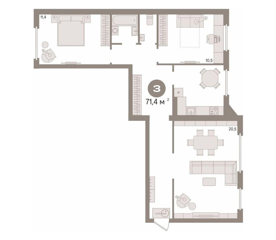 3-комнатная 71.4 м2 в ЖК undefined корпус null этаж 1