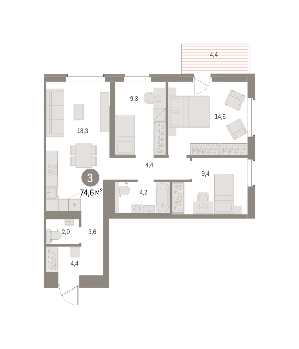3-комнатная 74 м2 в ЖК Северный ветер корпус null этаж 3