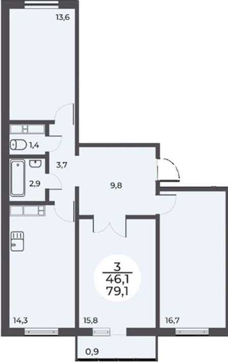 3-комнатная 79.1 м2 в ЖК undefined корпус null этаж 8