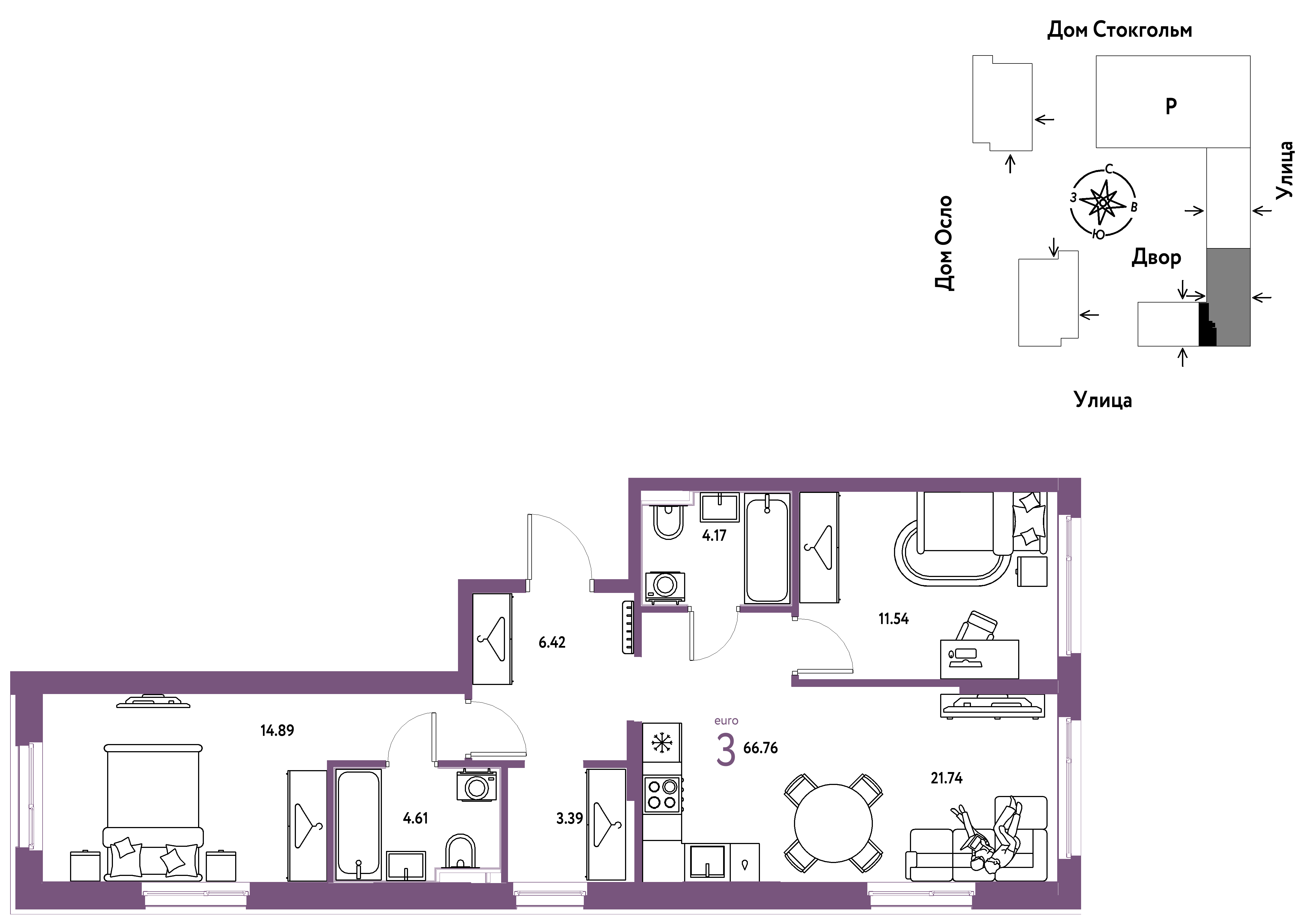 3-комнатная 66 м2 в ЖК Европейский берег 2.0 корпус null этаж 10