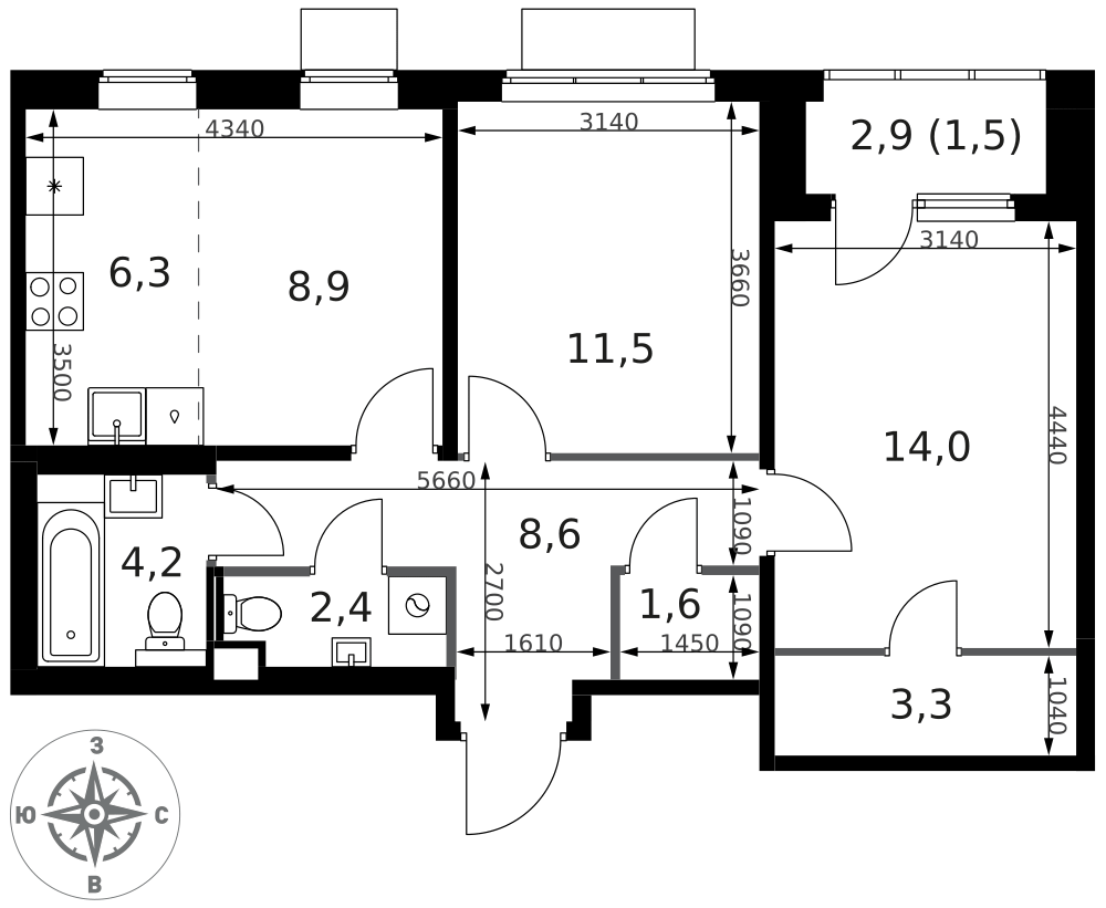 3-комнатная 62 м2 в ЖК 1-й Ясеневский корпус null этаж 15