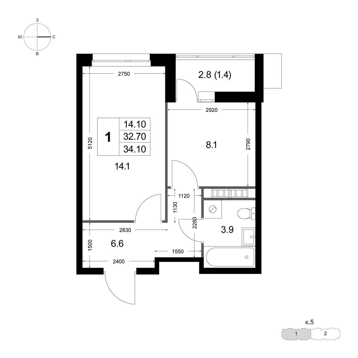 1-комнатная 32 м2 в ЖК Легенда Коренёво корпус null этаж 2