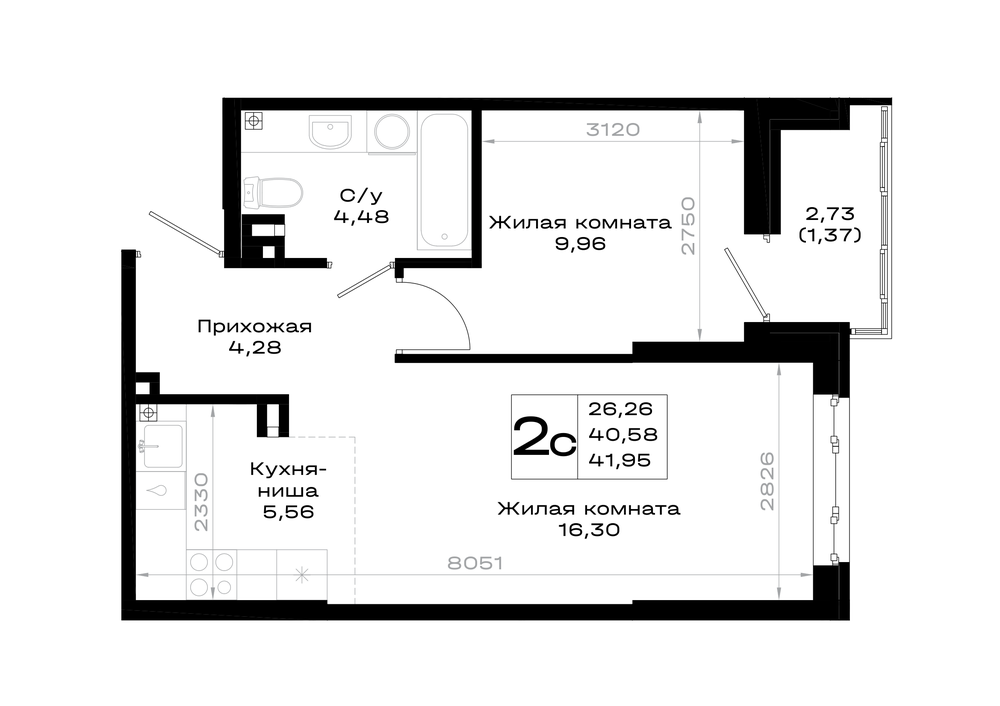 1-комнатная 41 м2 в ЖК Октябрь парк корпус null этаж 2