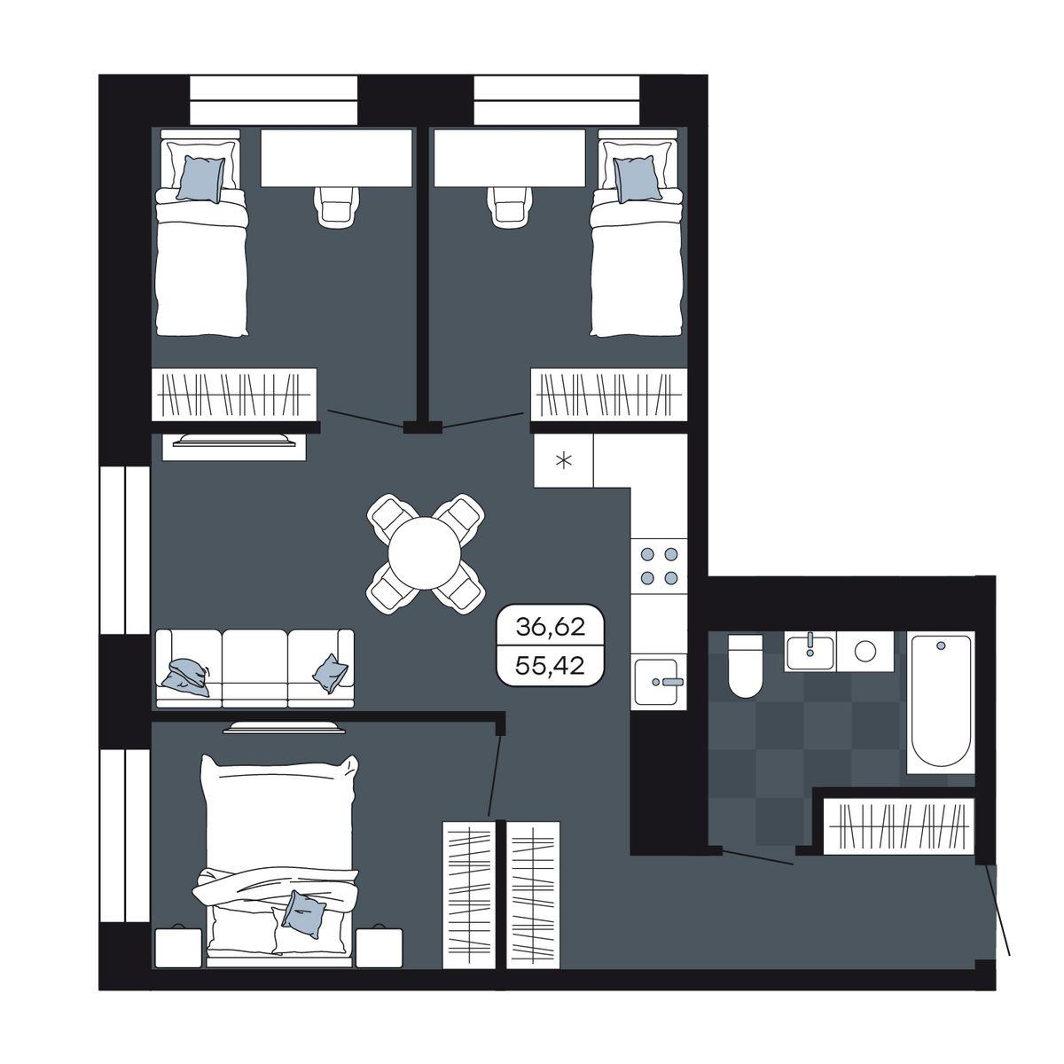 4-комнатная 55 м2 в ЖК Парк Авеню корпус null этаж 11