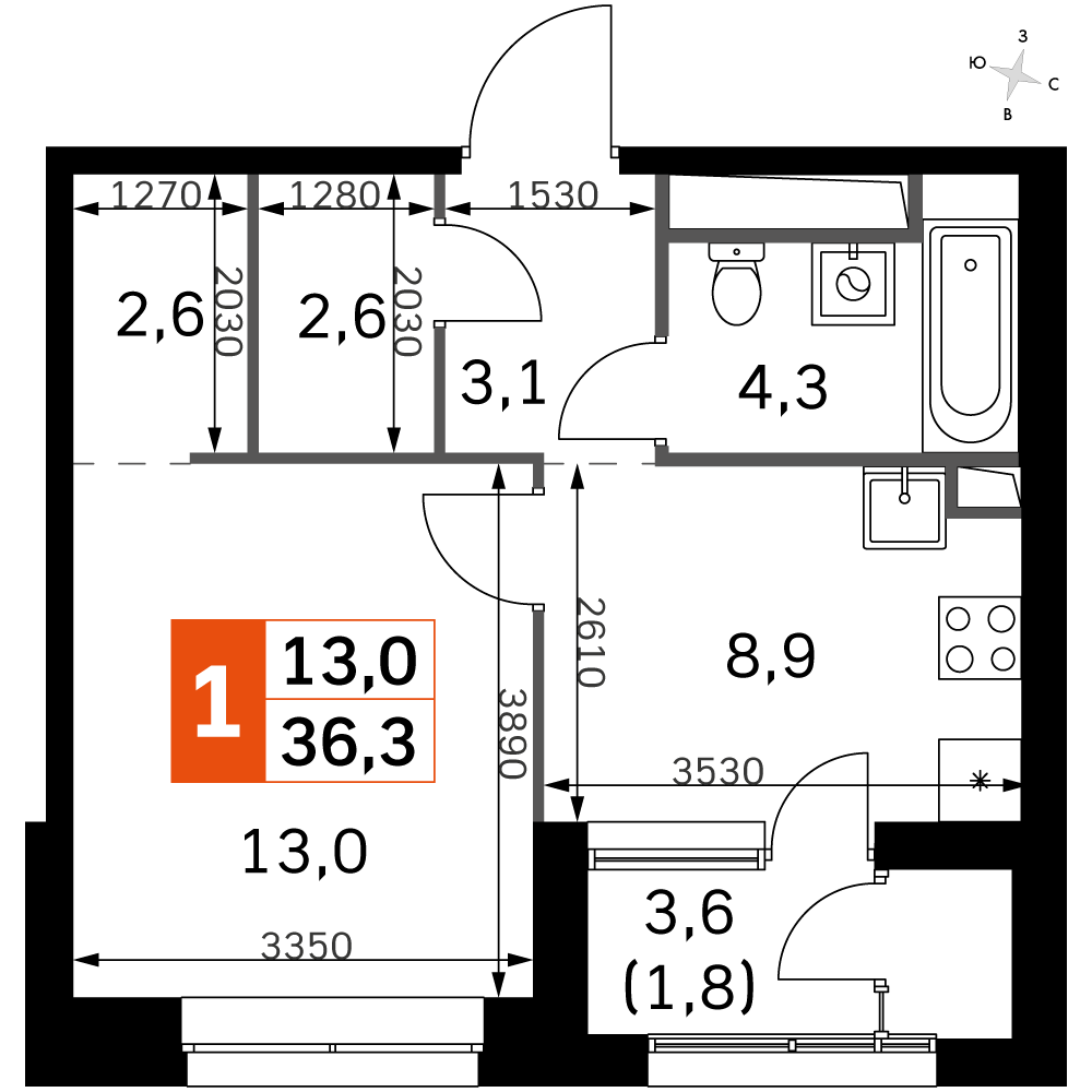 1-комнатная 36 м2 в ЖК Sky Garden корпус null этаж 18