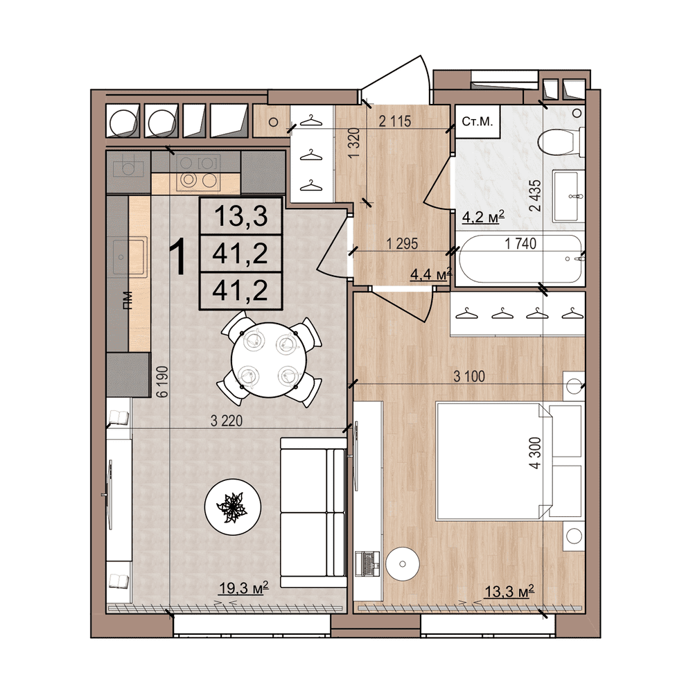 1-комнатная 41 м2 в ЖК Skyline-2 корпус null этаж 2