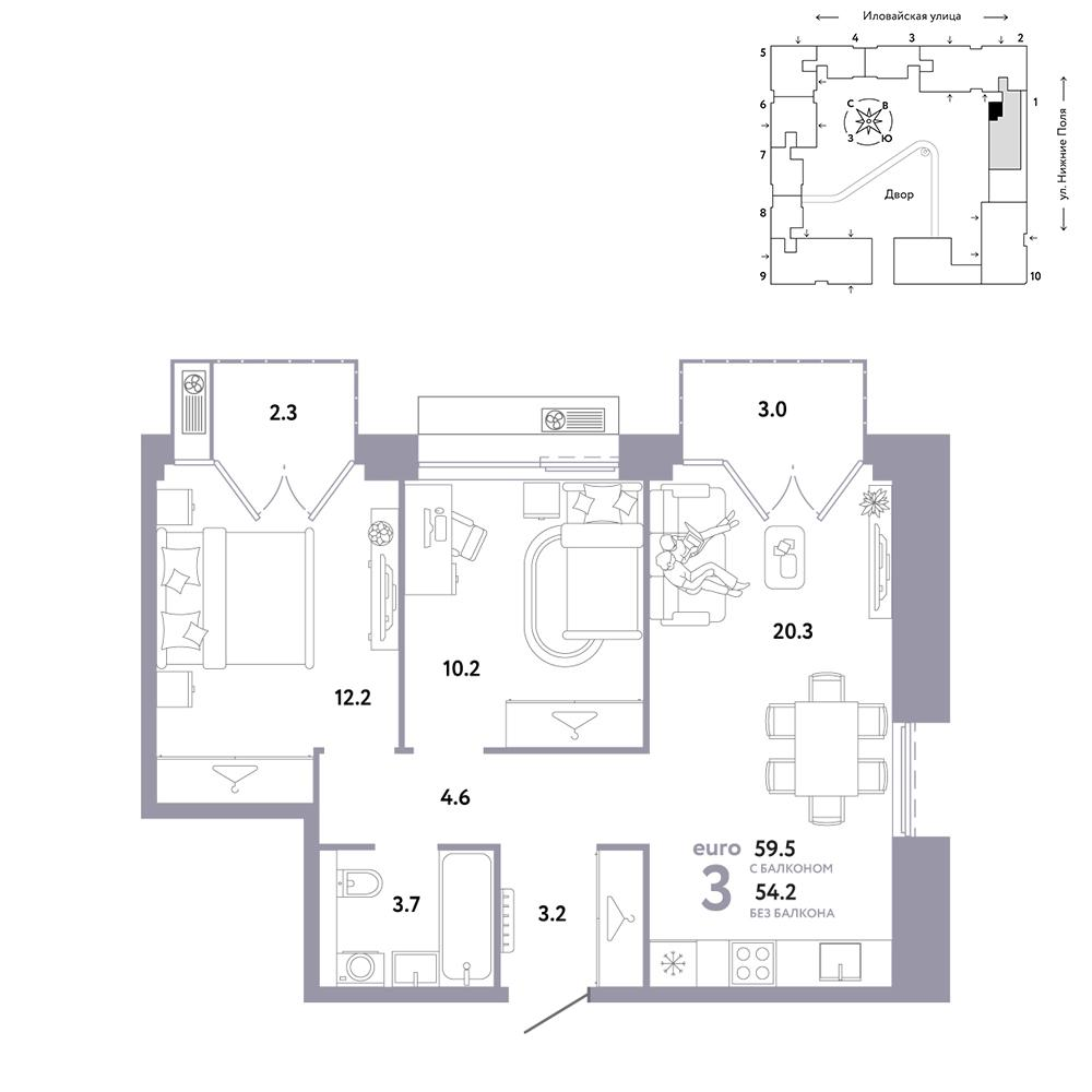 3-комнатная 59 м2 в ЖК Страна.Заречная корпус null этаж 9