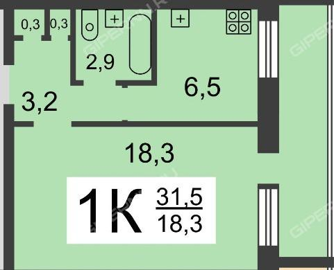 1-комнатная 31.3 м2 в ЖК undefined корпус null этаж 6