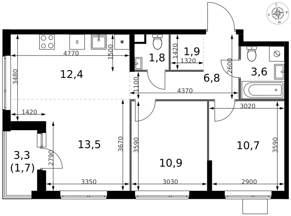 3-комнатная 63 м2 в ЖК 1-й Измайловский корпус null этаж 5