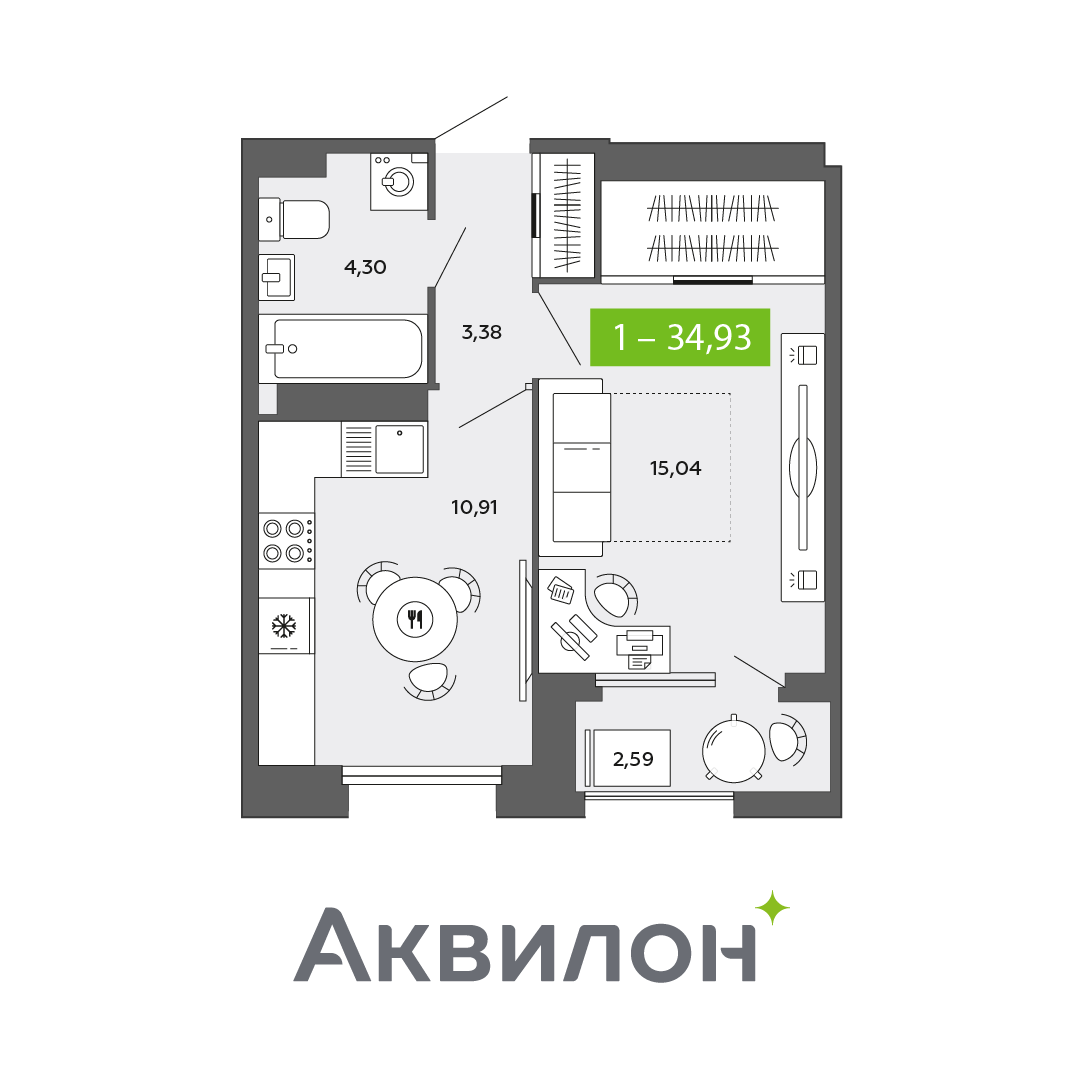 1-комнатная 34 м2 в ЖК Аквилон CITY Towers корпус null этаж 10