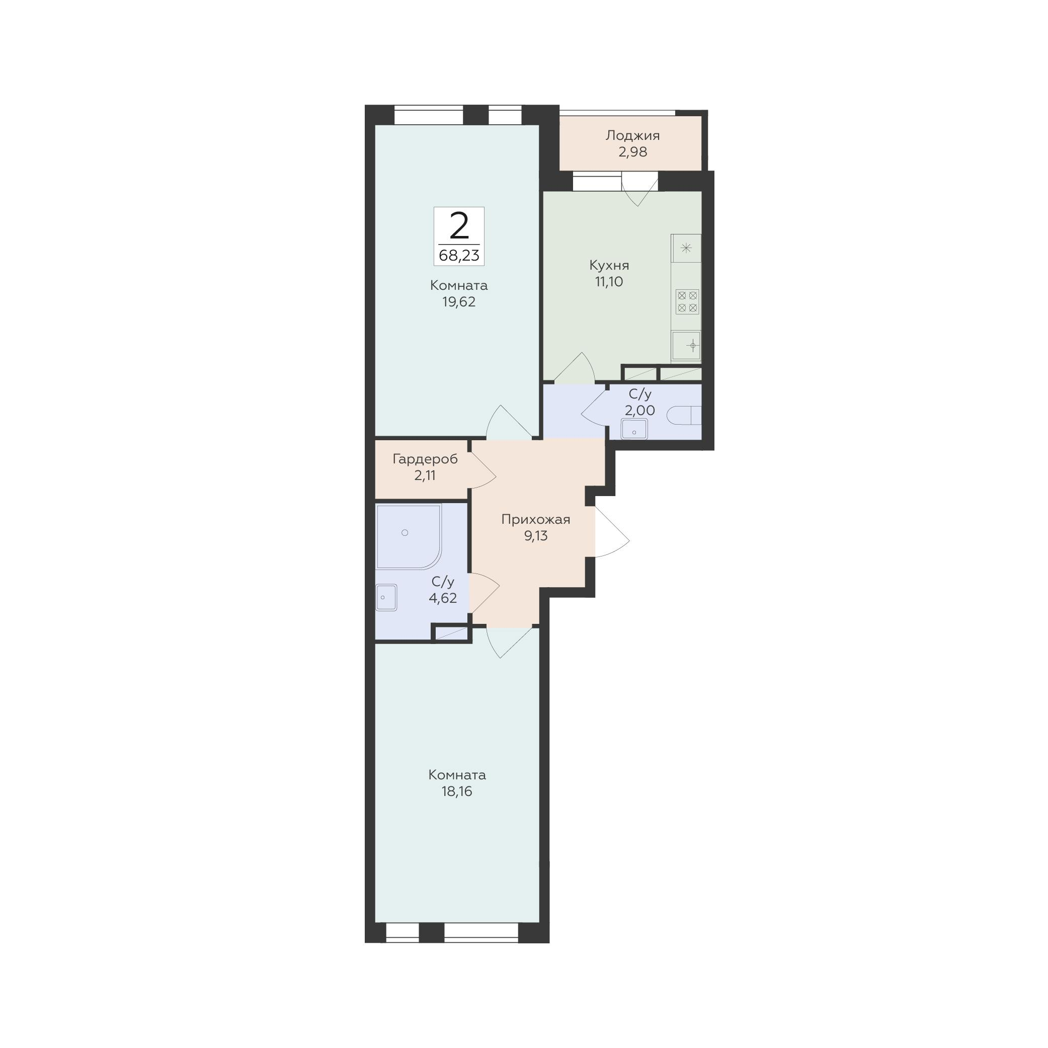 2-комнатная 68 м2 в ЖК Квартал 45 корпус null этаж 8