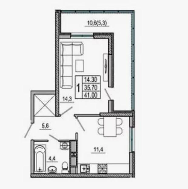 1-комнатная 41 м2 в ЖК undefined корпус null этаж 16