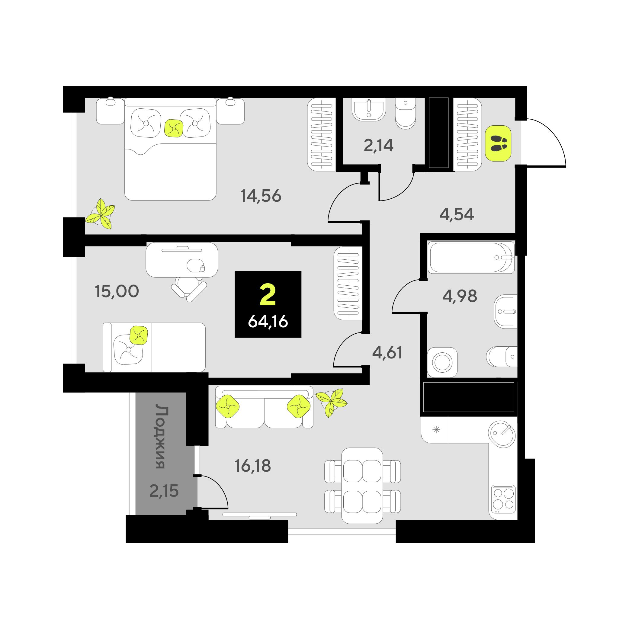 2-комнатная 64 м2 в ЖК Окинава корпус null этаж 10