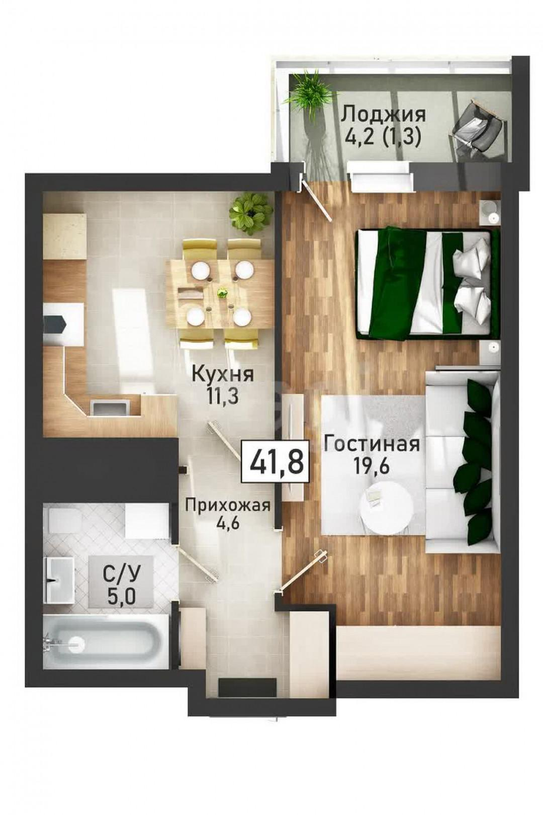 1-комнатная 41.8 м2 в ЖК undefined корпус null этаж 7