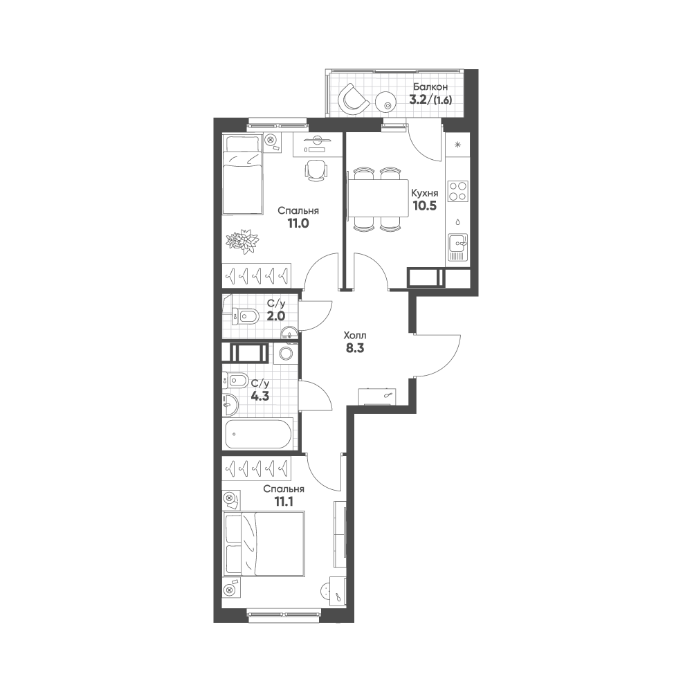 2-комнатная 48 м2 в ЖК Клюква.Парк корпус null этаж 9