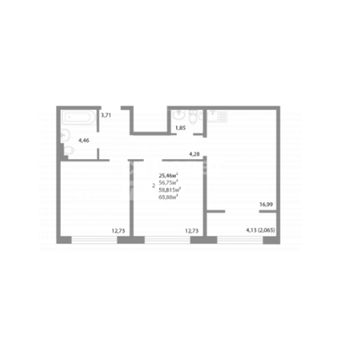 2-комнатная 58.8 м2 в ЖК undefined корпус null этаж 13